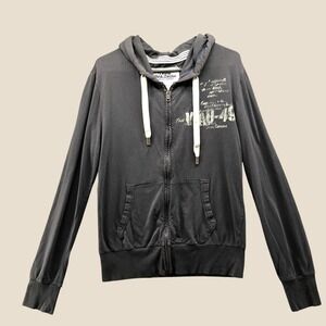 Vintage Y2K Who.A.U Distressed Graphic Zip Up Hoodie Mens Small Faded Charcoal